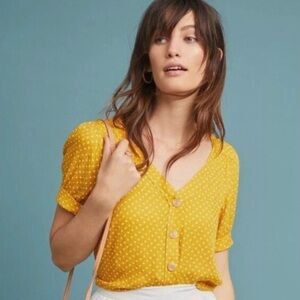 Anthropologie Yellow Buttoned Short Sleeve Blouse